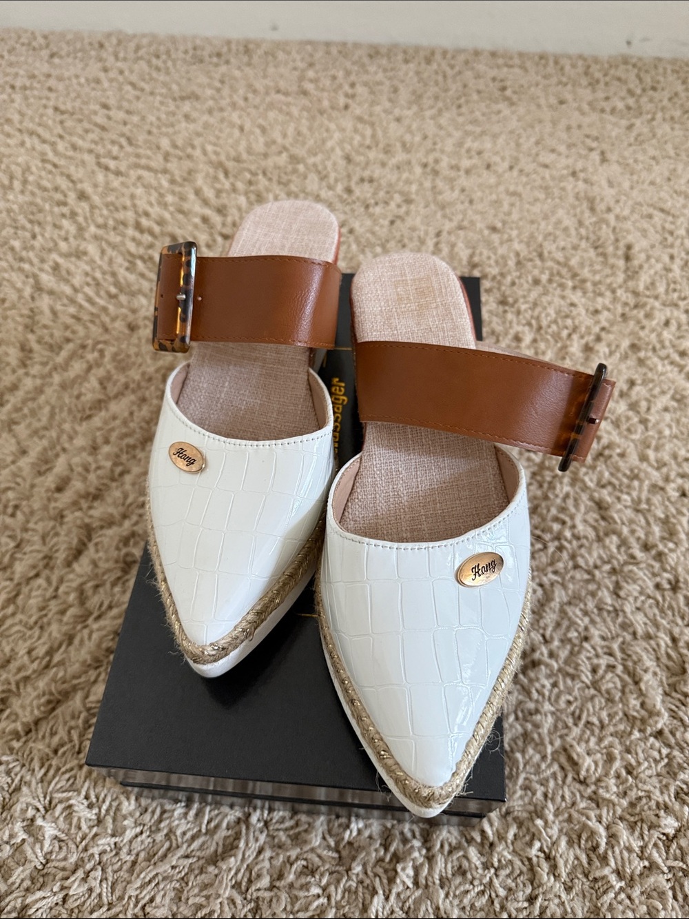 Rebellious Rose White and Tan Wedge Mules with Buckle - Picture 5 of 6